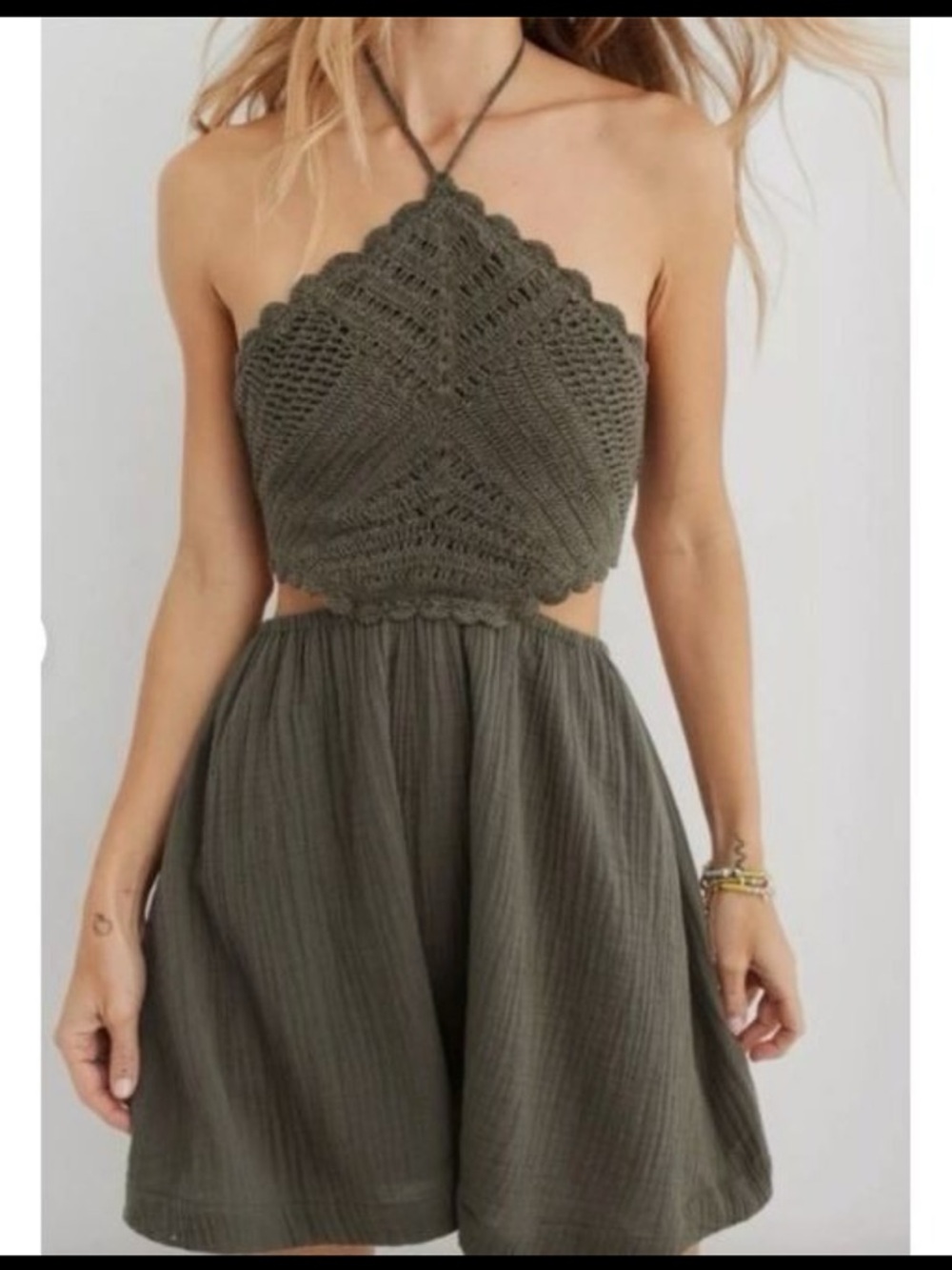 aerie Olive Green Backless Crochet Maxi Dress